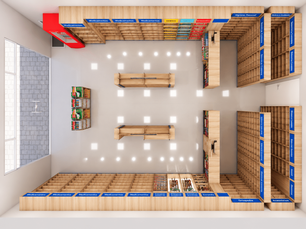 Projeto 3D de layout de farmácia com gôndolas, balcões, prateleiras e distribuição dos setores.